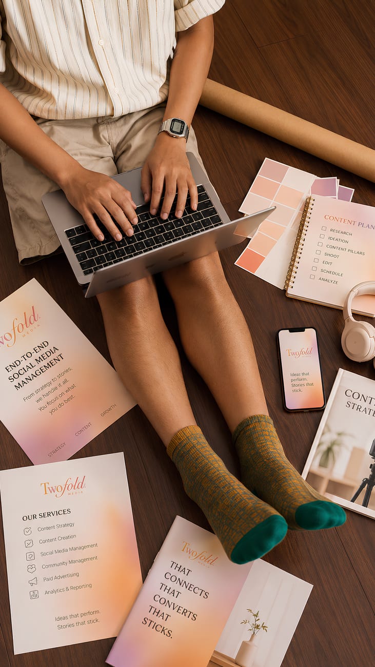 A laptop and printed Twofold content-strategy cards laid out on a wooden floor